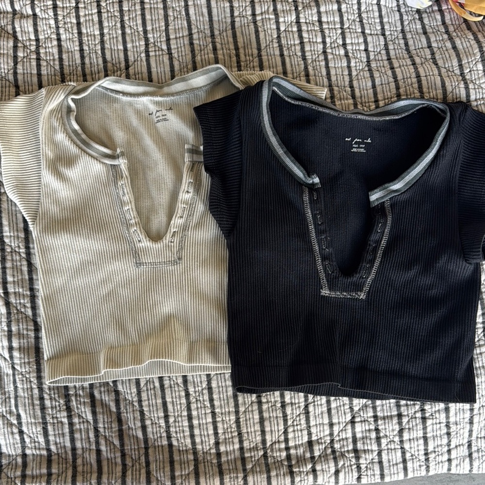 Urban Outfitters Black and Cream Crop Tops with Contrast Trim